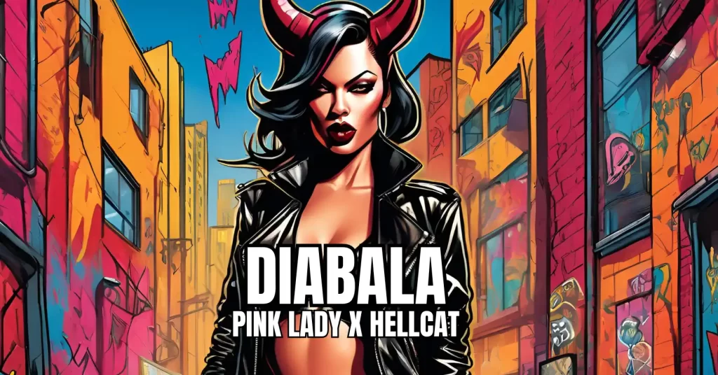 Diabala: Pink Lady x Hellcat strain illustration featuring woman with devil horns